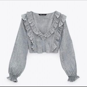Zara Ruffled V-Neck Cropped Blouse - Gray